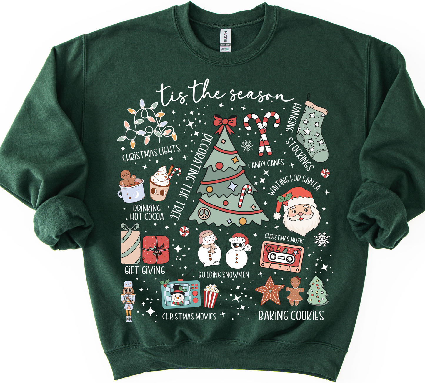 "Tis the Season” Christmas Doodle Crewneck Sweatshirt – Forest Green