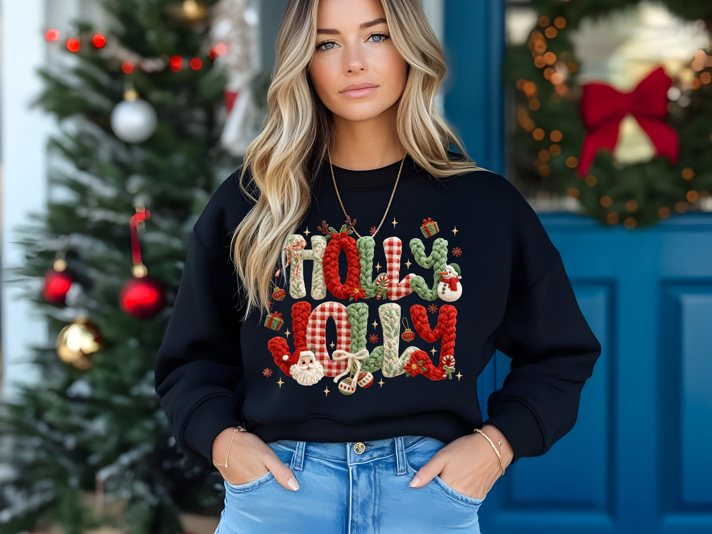 “Holly Jolly” Faux Yarn Christmas Crewneck – Sizes S–3X