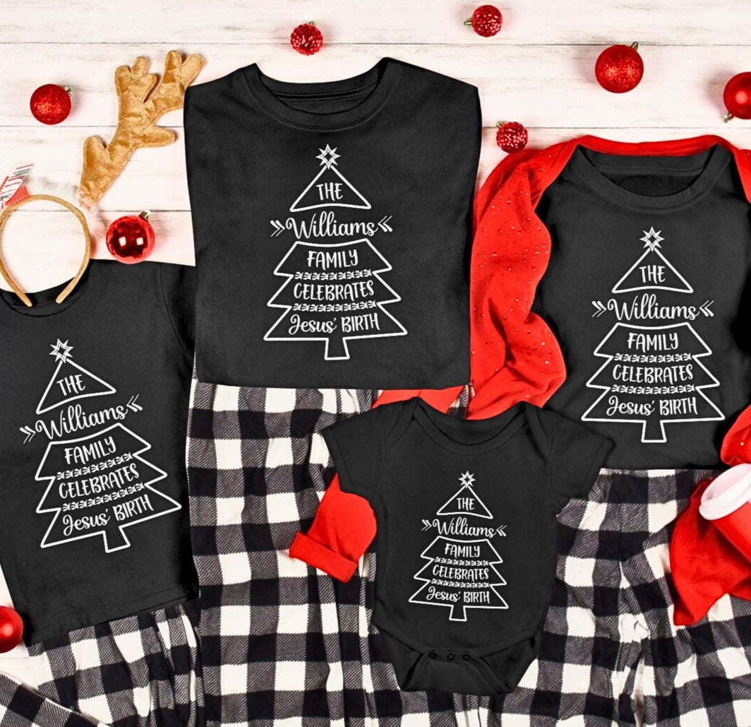 Personalized “Family Celebrates Jesus’ Birth” Christmas Tees – Black (Infant to 5X)