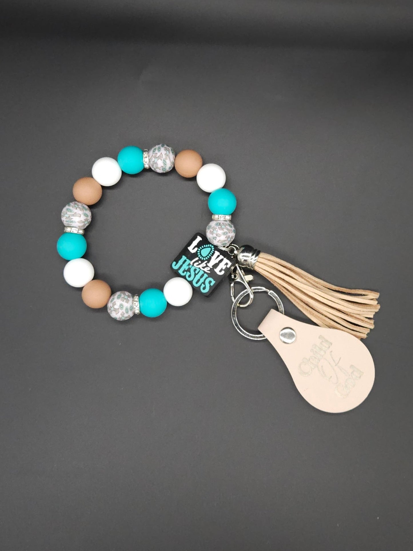Turquoise and tan Western style Love like Jesus Keychain