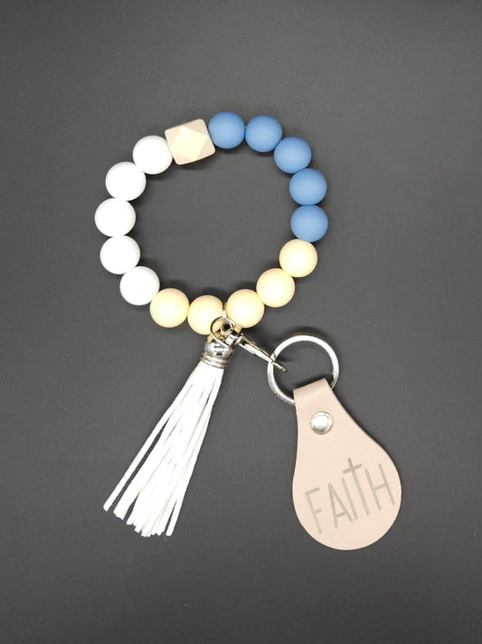 Carolina Blue, cream and white Faith Beaded Keychain