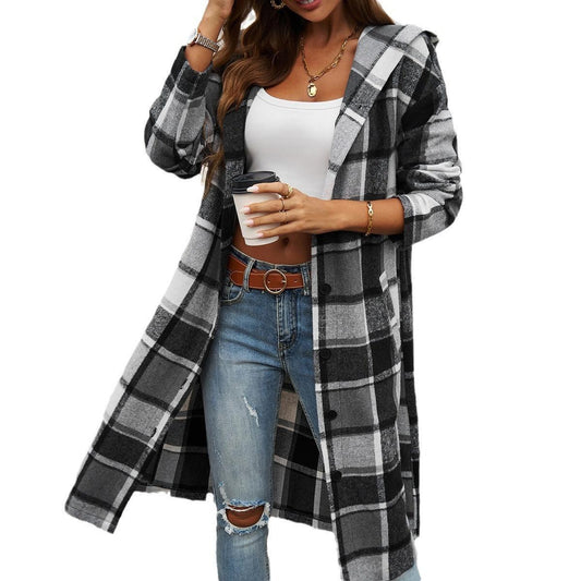Contrasting Color Hooded Jacket – Stylish Cowgirl Outerwear with Checkered Pattern