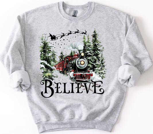 “Believe” Christmas Train Crewneck Sweatshirt – Ash Gray