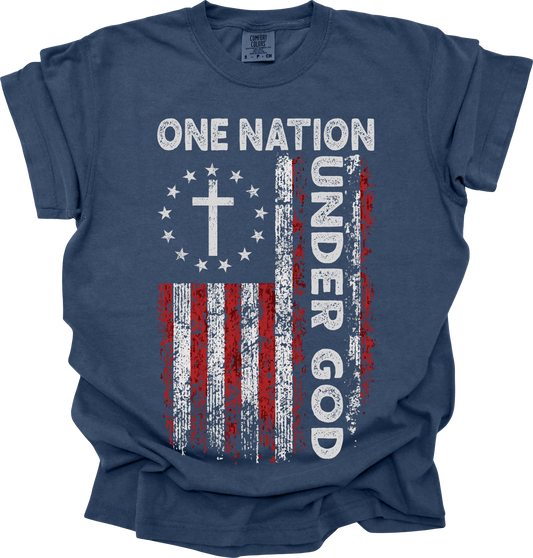 "One Nation Under God" Distressed American Flag Christian T-Shirt – Comfort Colors