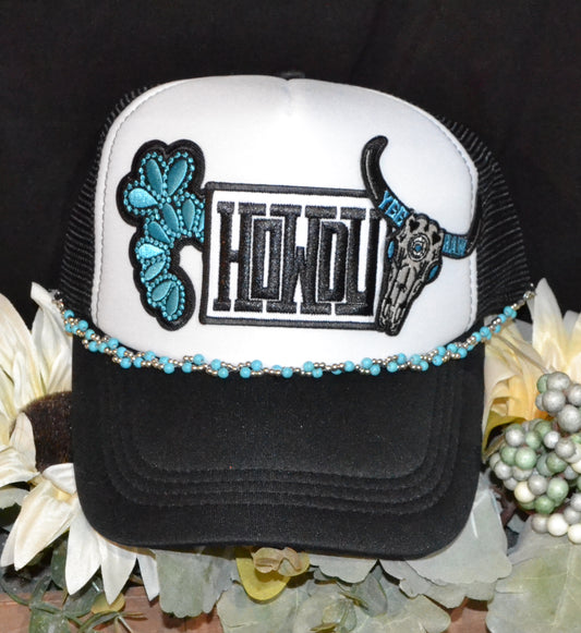 Howdy Western Trucker Hat with Turquoise Hat Chain