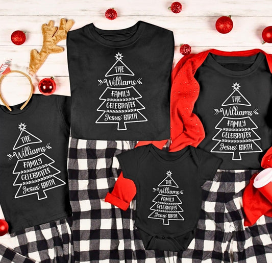 Personalized “Family Celebrates Jesus’ Birth” Christmas Tees – Black (Infant to 5X)